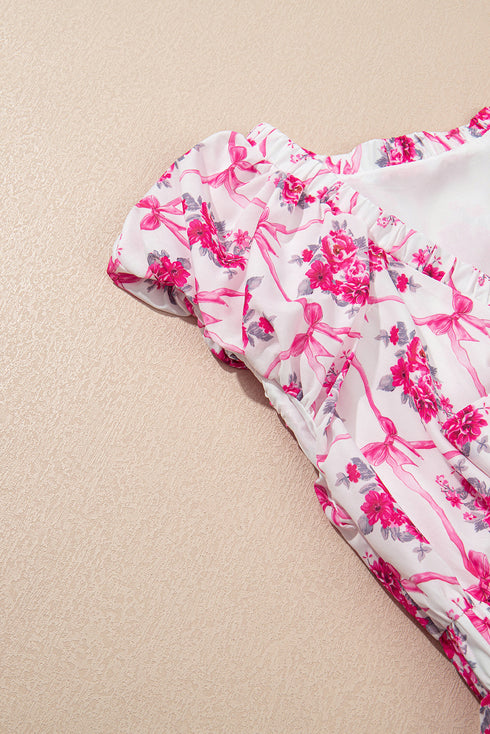 Floral Ruffle Shoulder V Neck Mini Dress with Bow Detail